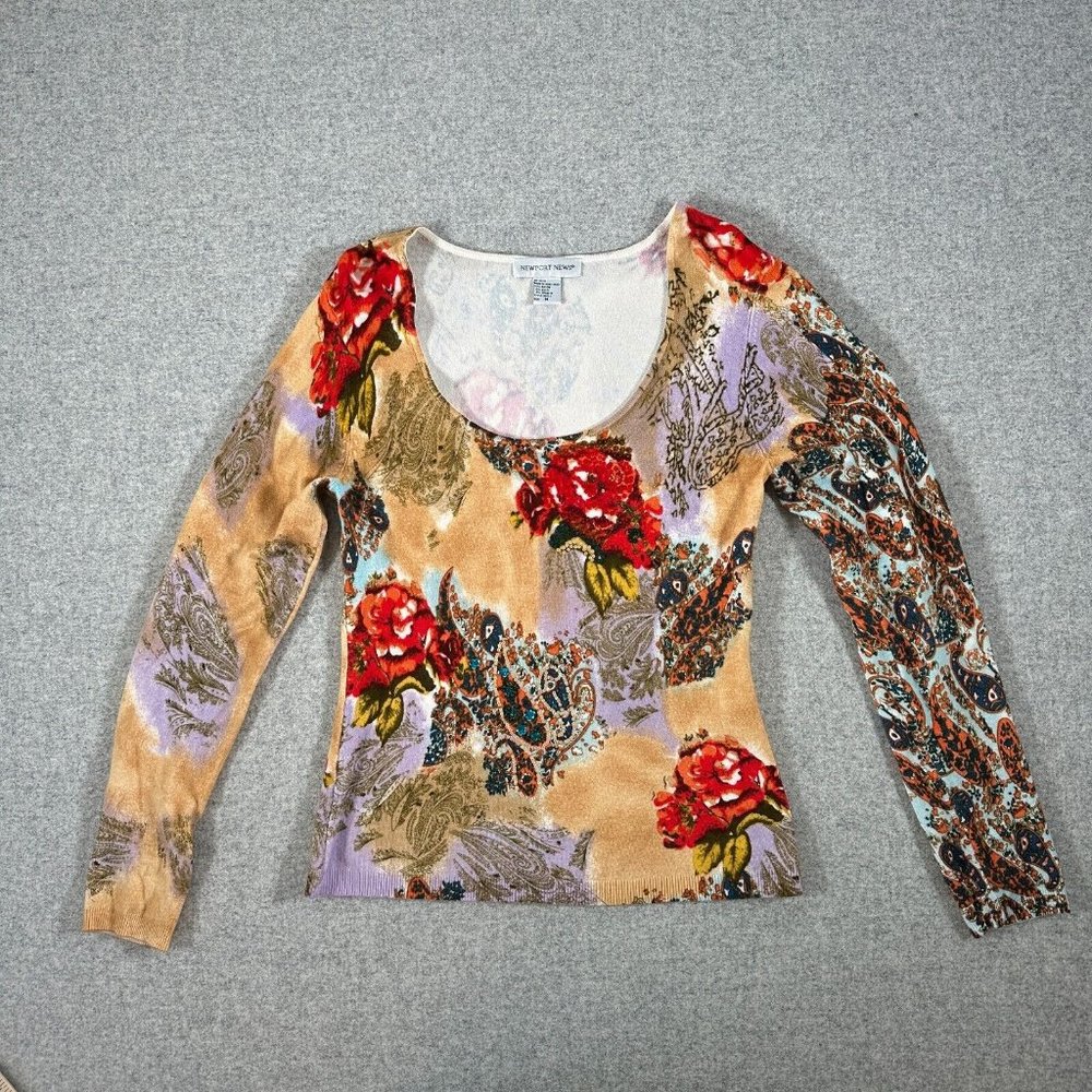 Vintage Y2K Newport News‎ Womens Top Sweater Medium Floral Scoop Neck Sequin - Picture 13 of 14